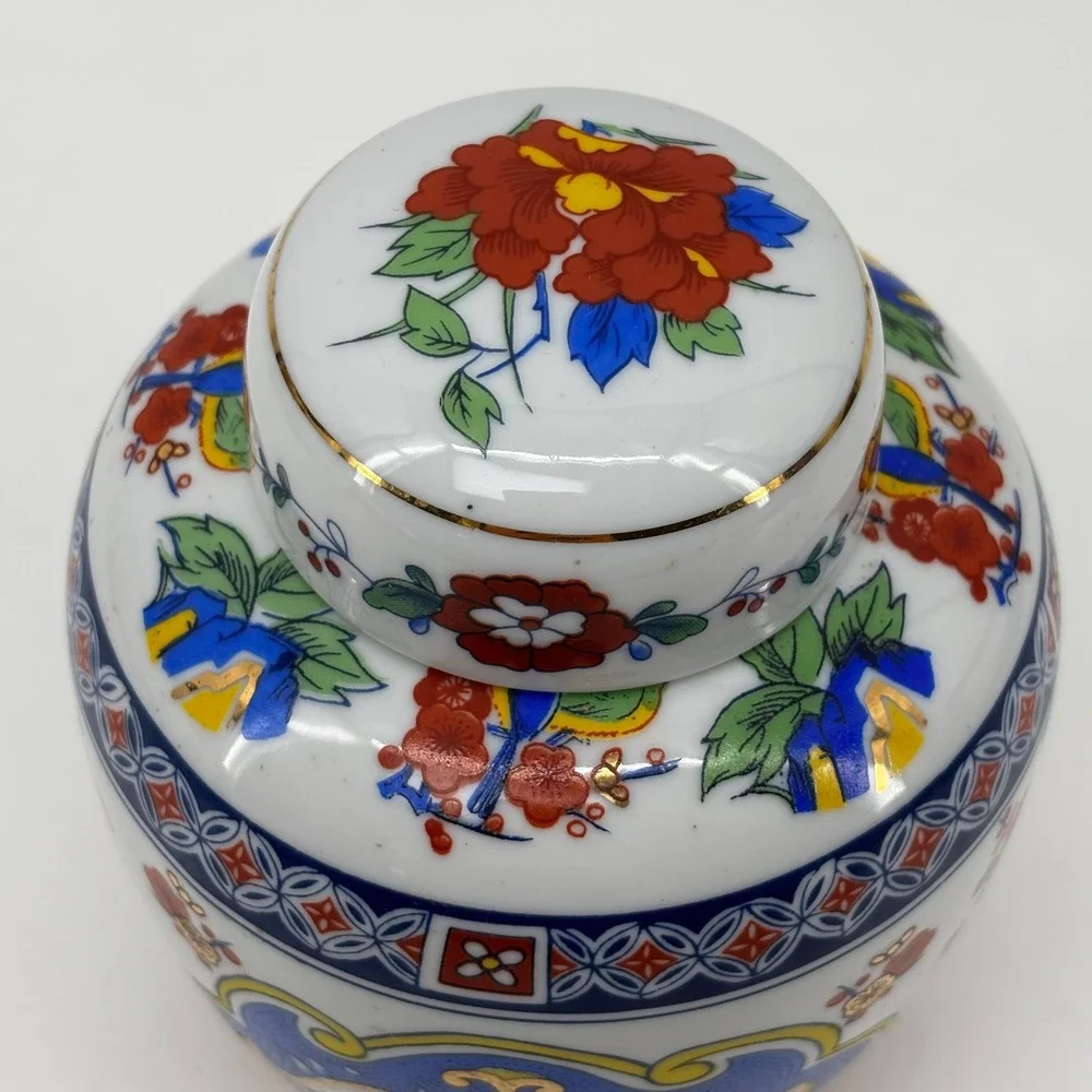 Vintage Porcelain Ginger Jar with Lid Floral Bird Motif Gold Gilt Made in Taiwan